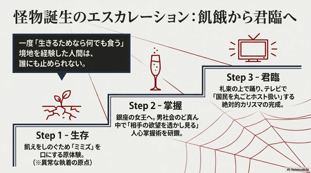 ステップ1「生存（ミミズを食べる）」、ステップ2「掌握（銀座の女王）」、ステップ3「君臨（絶対的カリスマ）」という3段階の進化図。