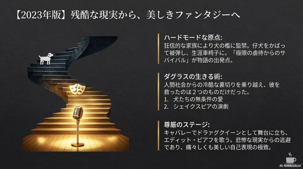 階段の上に立つ犬、仮面、スポットライトを浴びたマイクのイラストと、ダグラスの生きる術である無条件の愛と演劇についての解説