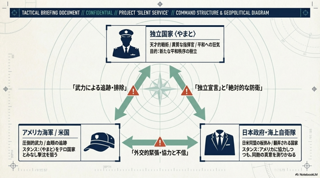 独立国家〈やまと〉、アメリカ海軍、日本政府・海上自衛隊の三つ巴の構造と、それぞれの目的や「テロ国家」「日米同盟の板挟み」といったスタンスを図解した画像