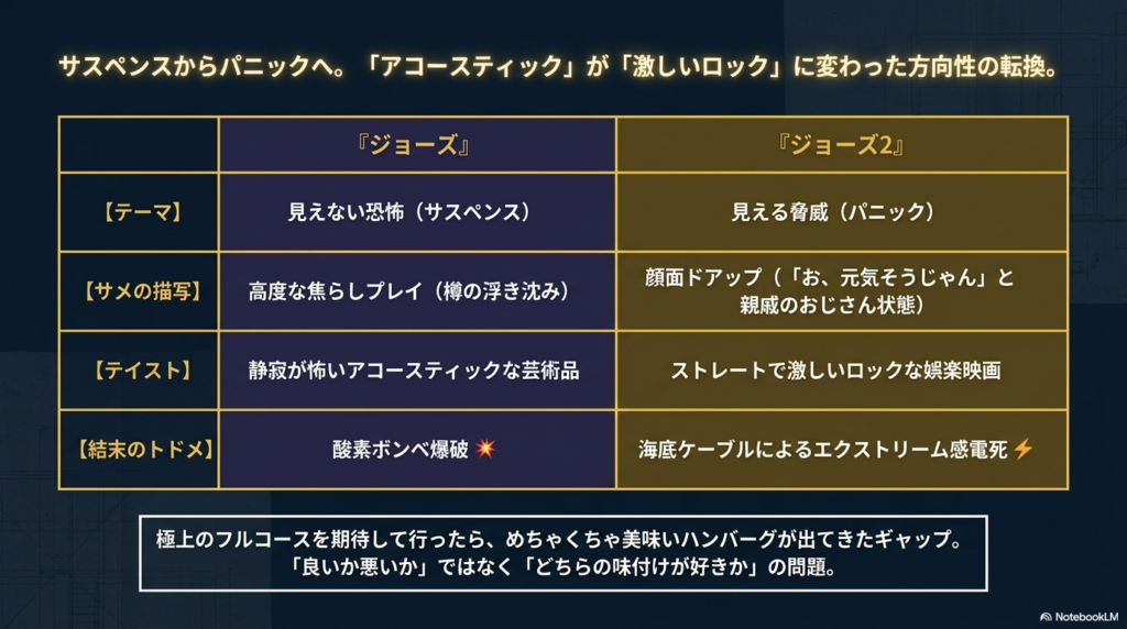 前作と本作のテーマ・サメの描写・結末の違いを比較した表。アコースティック対ロックの例えを含む
