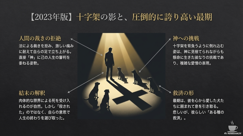 十字架の影の中に立つ男性とそれを見つめる犬たちのイラストと、神への挑戦や自ら選び取った救済の形についての考察 。