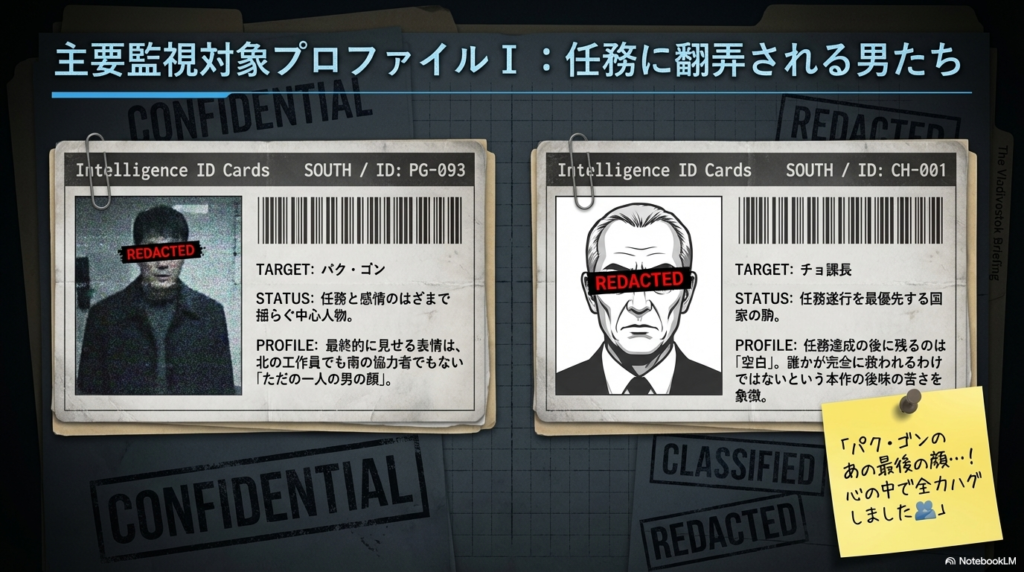 パク・ゴンとチョ課長の身分証風プロフィールスライド。パク・ゴンは任務と感情で揺れる中心人物、チョ課長は任務遂行を最優先する国家の犬として対比されている
