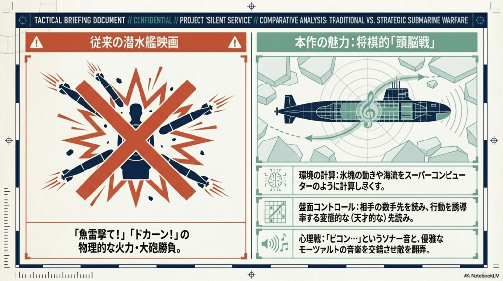 従来の物理的な火力勝負にバツ印がつけられ、代わりにト音記号とレーダーを背景にした潜水艦が描かれた、環境計算や心理戦などの「頭脳戦」を解説する画像