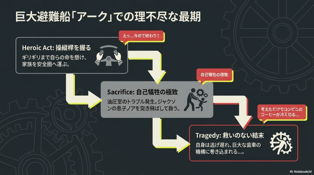 家族を安全圏へ運び、ジャクソンの息子ノアを救った直後、巨大な歯車の機構に巻き込まれてしまうという、ゴードンの自己犠牲から悲劇的な最期までの流れを説明した図解スライド。