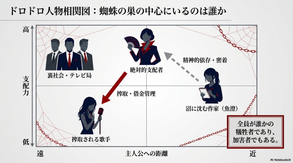 絶対的支配者を中心に、裏社会・テレビ局、搾取される歌手、沼に沈む作家などが配置された、支配力と距離感を示す相関図。