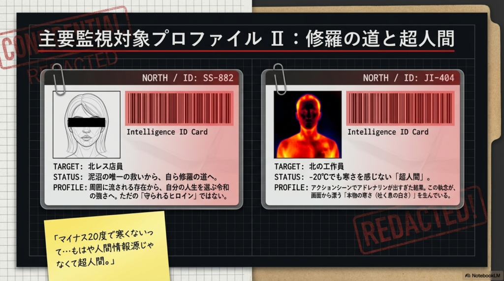 北レス店員と北の工作員のプロフィールスライド。工作員はマイナス20度でも寒さを感じない「超人間」として描かれ、本物の白さを生む過酷なロケの裏側を示唆している 。