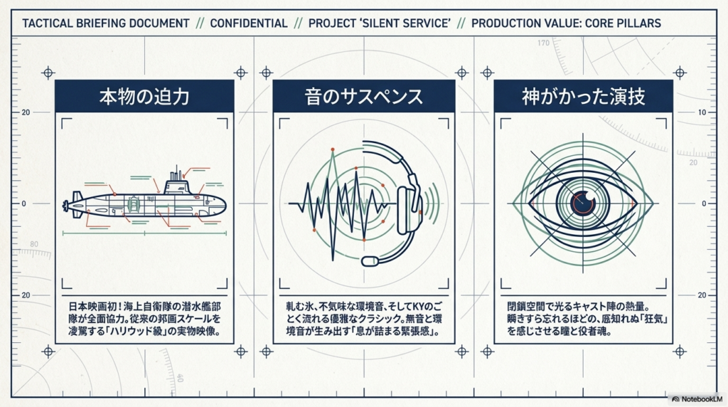 目と耳（ヘッドホンと音声波形）をモチーフにしたアイコンと共に、本物の迫力、音響、神がかったキャストの演技について解説する画像
