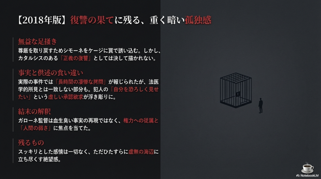 暗い犬のケージのイラストと、無益な復讐や虚しい承認欲求、そして絶望感だけが残る結末の解説 。