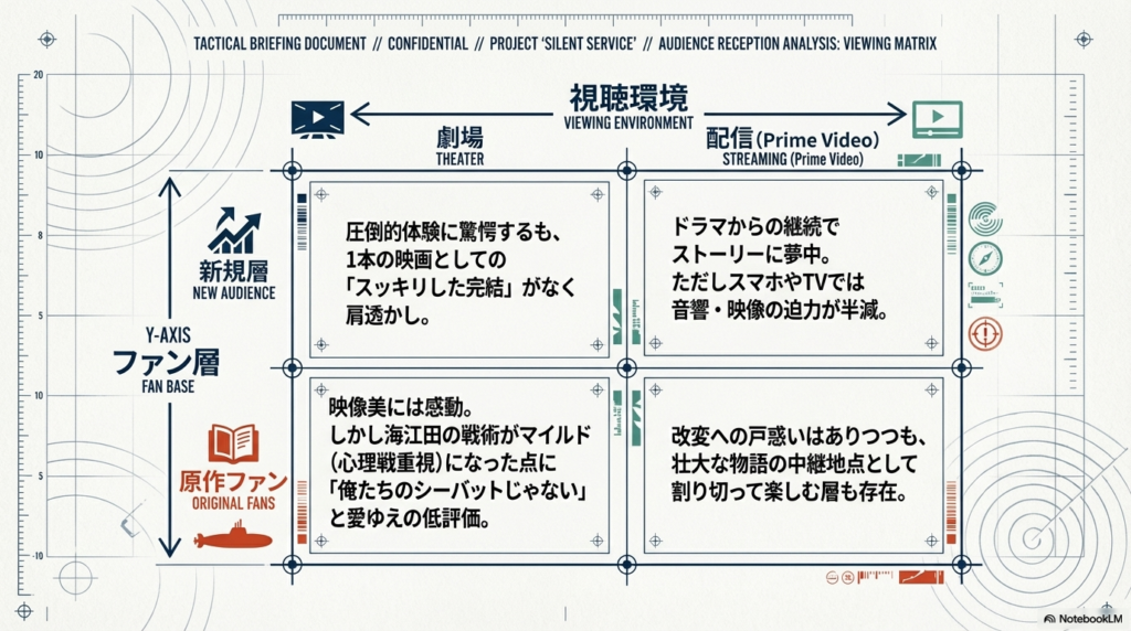 縦軸に「新規層・原作ファン」、横軸に「劇場・配信（Prime Video）」を配置し、それぞれの視聴者の感想の違いを4象限で比較したマトリクス図