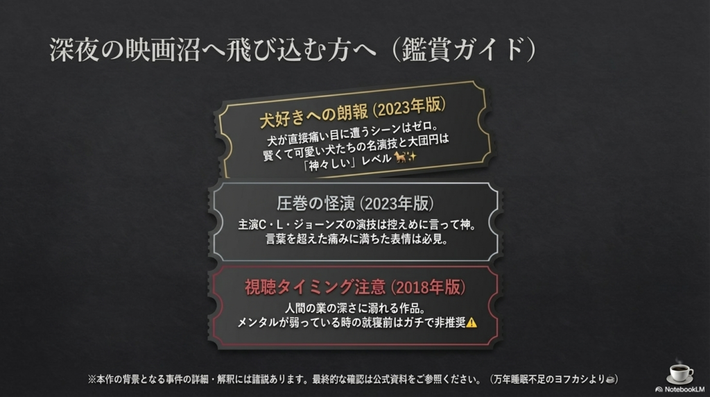 2023年版の犬の無事や圧巻の演技への賞賛と、2018年版はメンタルが弱っている時の視聴を非推奨とする注意書き 。
