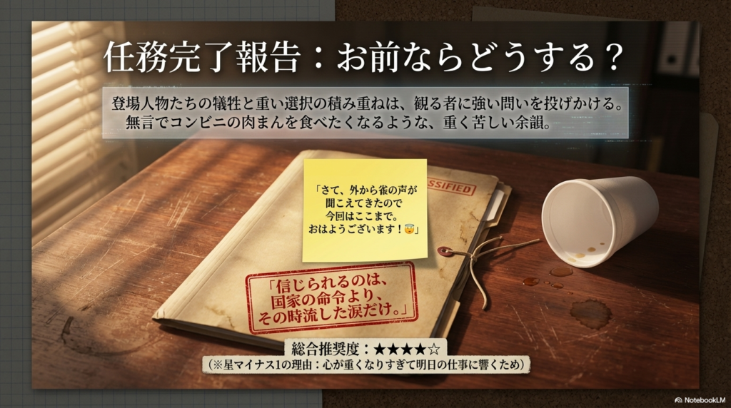 登場人物たちの重い選択と犠牲を振り返るスライド。「信じられるのは、国家の命令より、その時流した涙だけ」というメッセージが添えられている 。