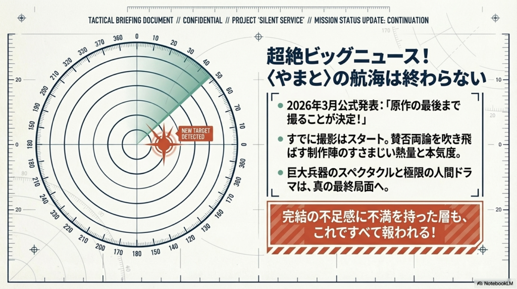 レーダー上に「NEW TARGET DETECTED」と表示され、2026年3月の公式発表として原作の最後まで撮影決定したことを知らせる画像