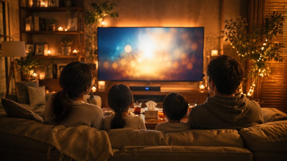 金曜夜のリビングで映画を待つ家族