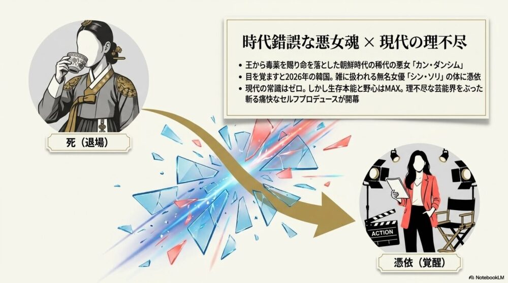 朝鮮時代の悪女カン・ダンシムが2026年の無名女優シン・ソリの体に憑依し、芸能界をぶった斬る痛快なストーリー展開を説明するイラスト付きスライド。