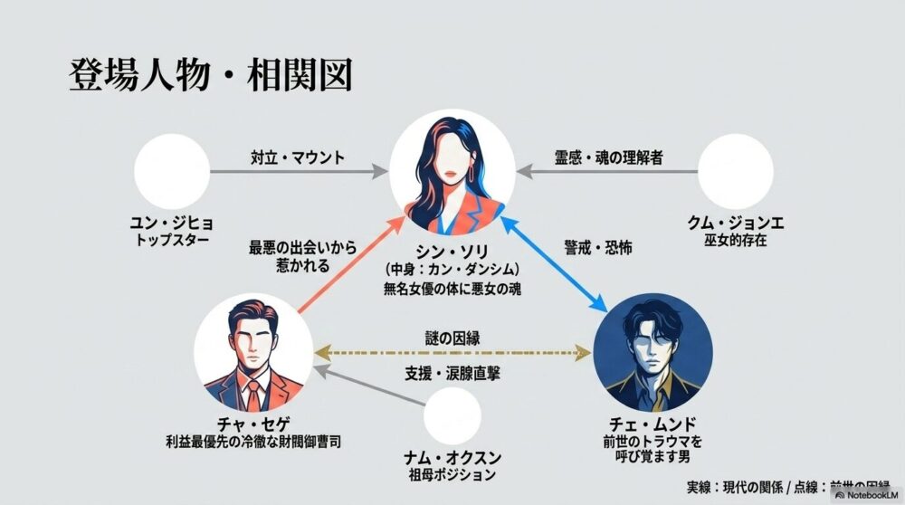 シン・ソリ（中身カン・ダンシム）、チャ・セゲ、チェ・ムンドの3人を中心とした相関図。対立、惹かれる心、謎の因縁などが矢印で示されている。
